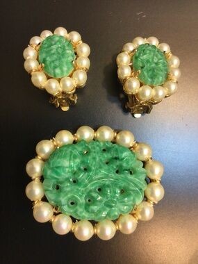 Vtg Marvella Peking Glass Pearl Statement Brooch Earrings Demi-parure Set